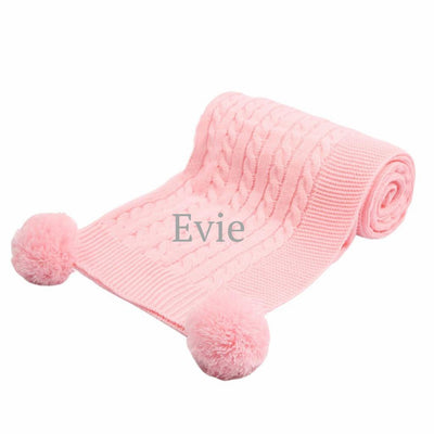 Personalised Embroidered Baby Pink Elegance Cable Knit Pom Blanket