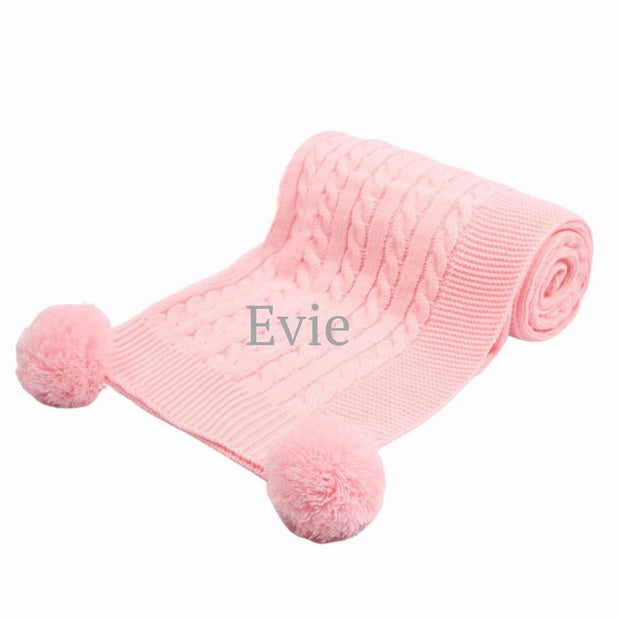 Personalised Embroidered Baby Pink Elegance Cable Knit Pom Blanket