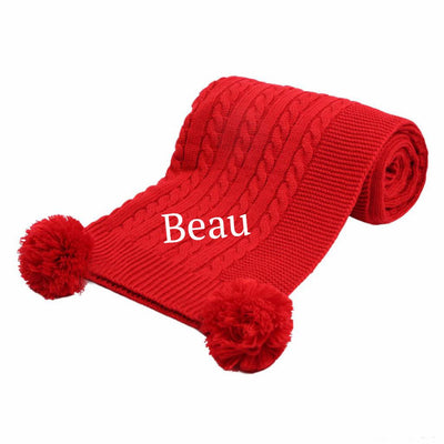 Personalised Embroidered Red Elegance Cable Knit Pom Blanket