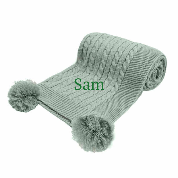 Personalised Sage Green Elegance Cable Knit Pom Blanket