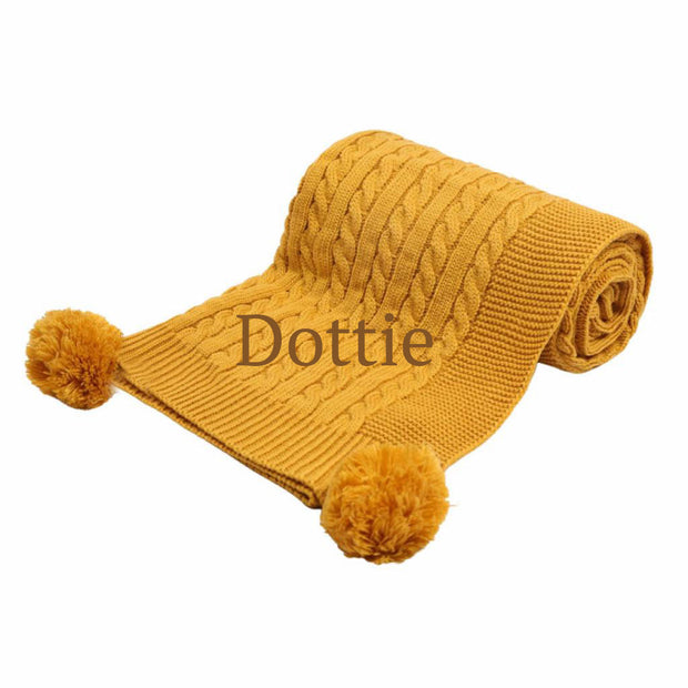 Personalised Mustard Elegance Cable Knit Pom Blanket