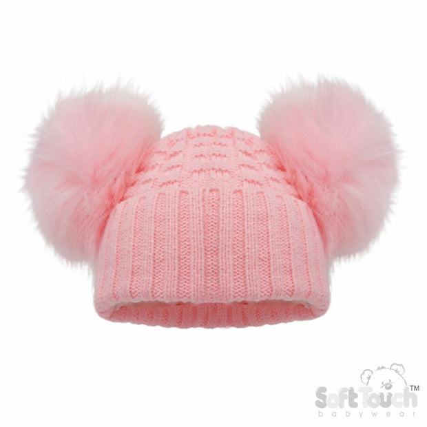 Pink Check Knit Pom Hat