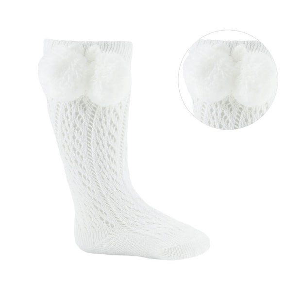 White Pelerine Knee Length Pom Socks
