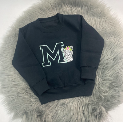 DEFECT - ‘M’ Embroidered White Tiger Black Jumper - Size 2-3 Years