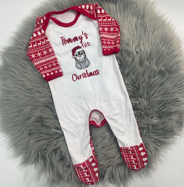 SAMPLE - ‘Tommys 1st Christmas’ Penguin Embroidered Sleepsuit - Size  3-6 months