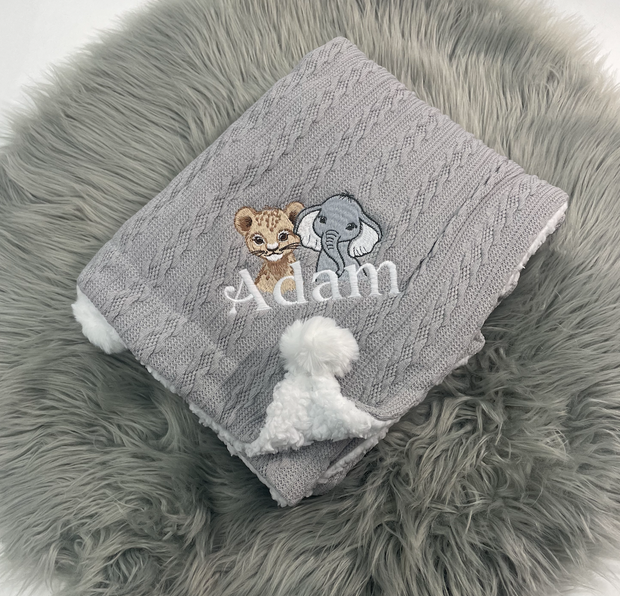 SAMPLE - ‘Adam’ Embroidered duo grey satin bow blanket