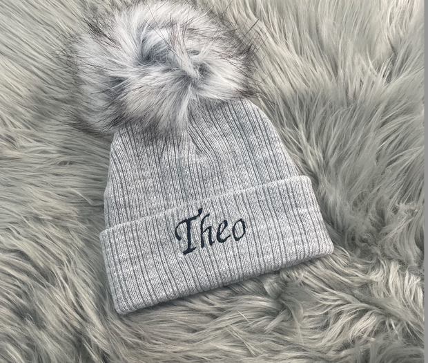 DEFECT - ‘Theo’ Embroidered Grey Single Pom Hat 2-18 Months (Small Hole)