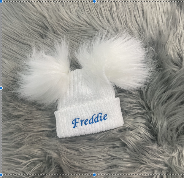 SAMPLE - ‘Freddie’ Embroidered White Double Pom Hat - Newborn