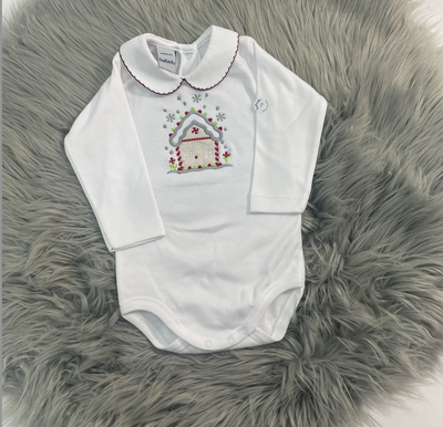 DEFECT - Gingerbread House Embroidered Christmas Babyvest - Size 3-6 Montjs