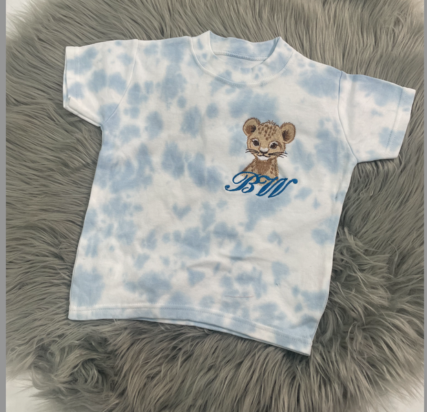 SAMPLE -'BW'  Embroidered Lion Cub blue tye dye t-shirt - Size 6-12 months