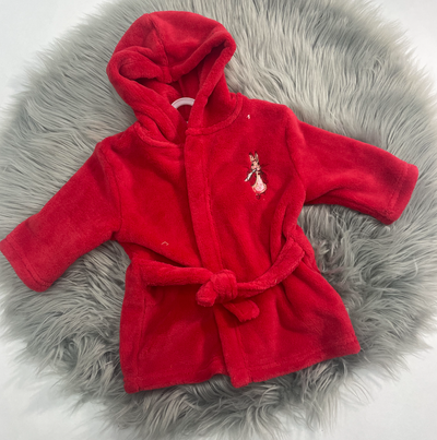 SAMPLE - Christmas Rabbit embroidered Red Dressing Gown - 0-6 Months (can be personalised)