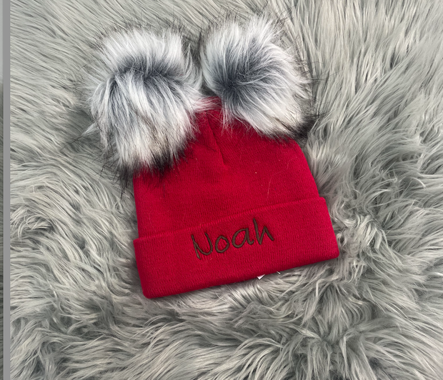 SAMPLE - ‘Noah’ Embroidered Red double pom hat, size 2+ Years
