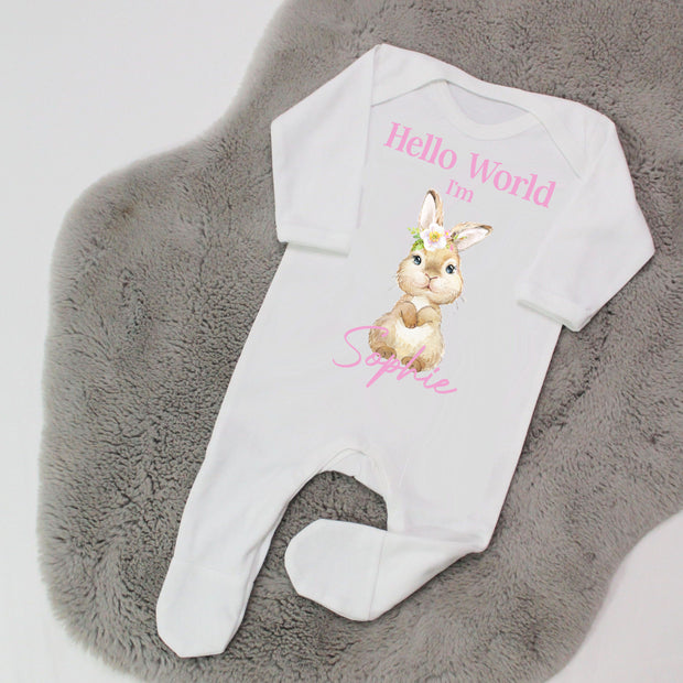 Hello World Personalised Baby Girl Rompersuit - Beige Bunny