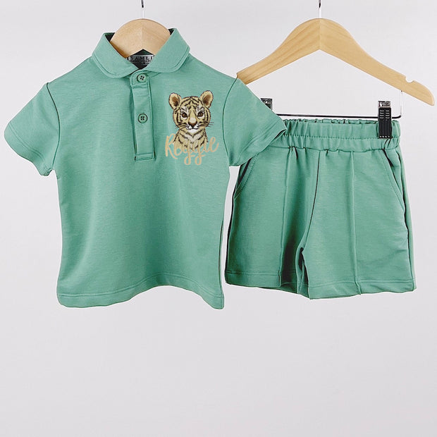 Sage Green Animal Short Sleeved Embroidered Polo Shirt & Shorts (Various Animals)
