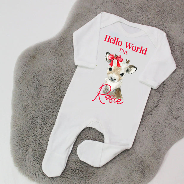 Hello World Personalised Baby Girl Rompersuit - Reindeer & Bow