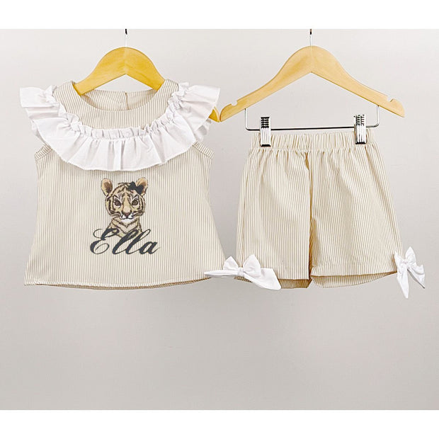 Beige Pinstripe Ruffle Co-ord Set (Can be personalised)