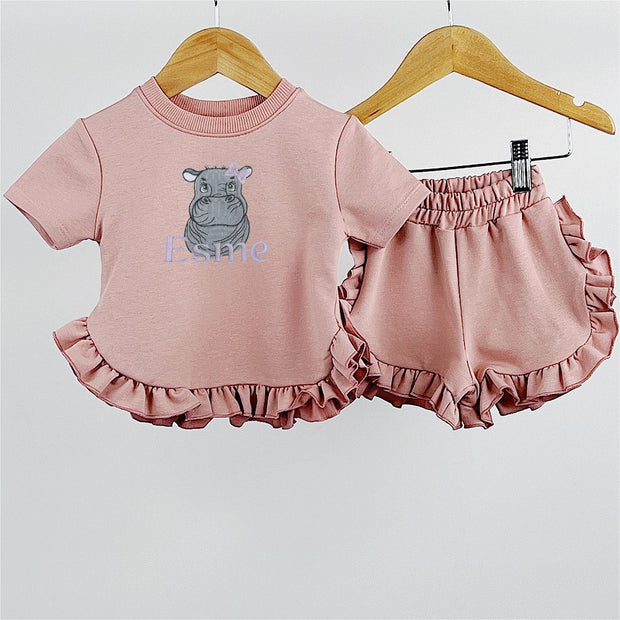 Rose Pink Animal Short Sleeved Embroidered Frill Top & Shorts (Various Animals)
