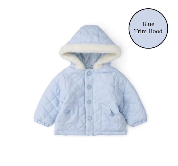 Baby Blue Quilted Coat with Faux Fur Trim Hood