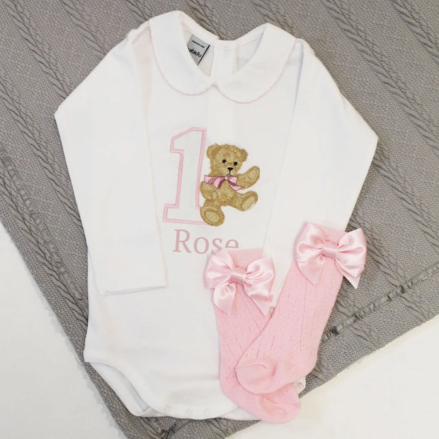 Embroidered Personalised Birthday Babyvest - Pink Vintage Teddy