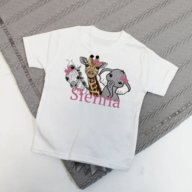 Trio of Animals with Hair Bows Personalised Embroidered T-Shirt (Various Coloured T-Shirts)