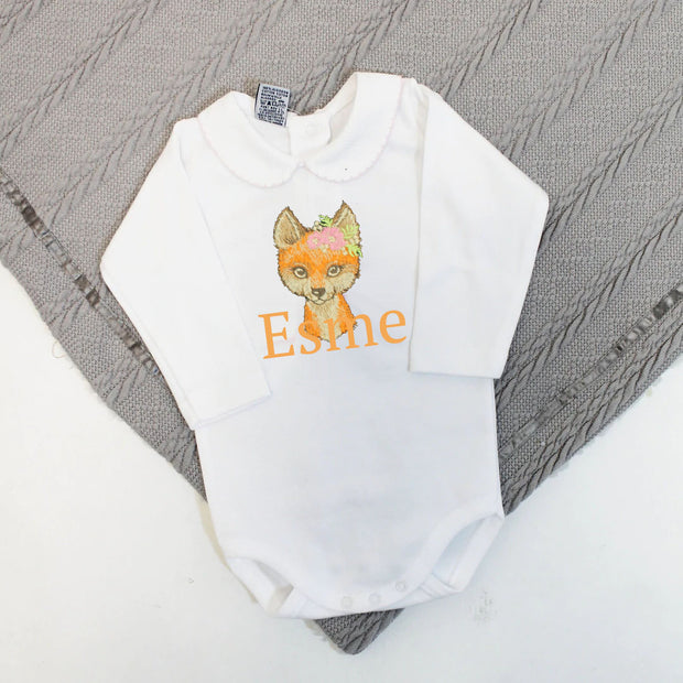 Floral Fox Embroidered Personalised Babygrow