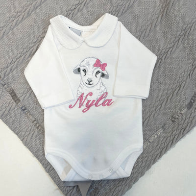 Lamb with Hair Bow Embroidered Personalised Babygrow