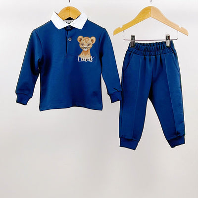 Navy Blue Personalised Embroidered Polo Top & Joggers (Various Animals)
