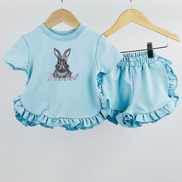Blue Animal Short Sleeved Embroidered Frill Top & Shorts (Various Animals)