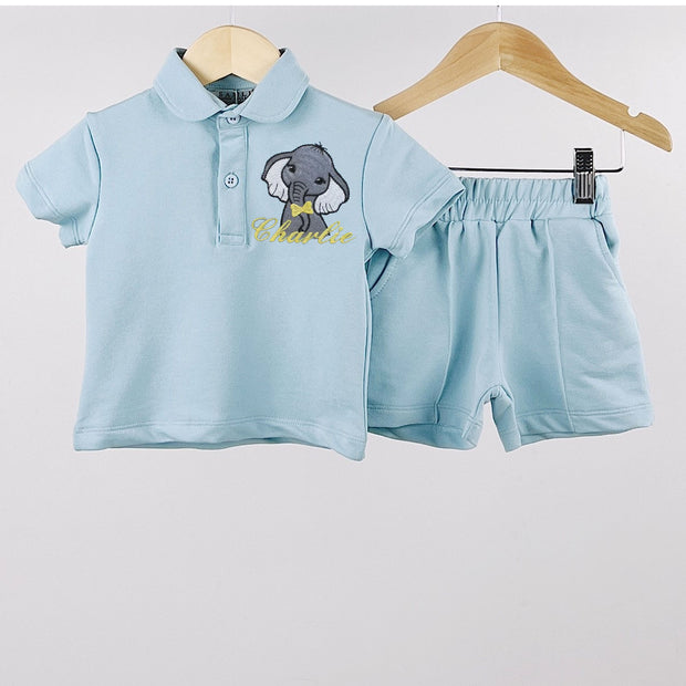 Baby Blue Animal Short Sleeved Embroidered Polo Shirt & Shorts (Various Animals)