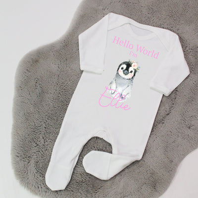 Hello World Personalised Baby Rompersuit - Floral Penguin