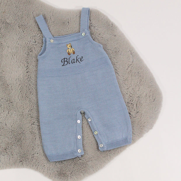 Blue Knit Teddy Personalised Dungarees