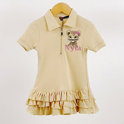 Beige Short Sleeved Animal embroidered Frill Dress (Various Animals)