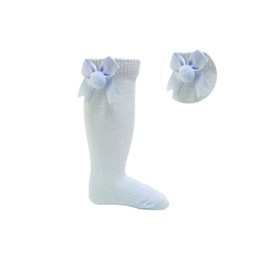 Blue Knee High Bow & Pom Socks