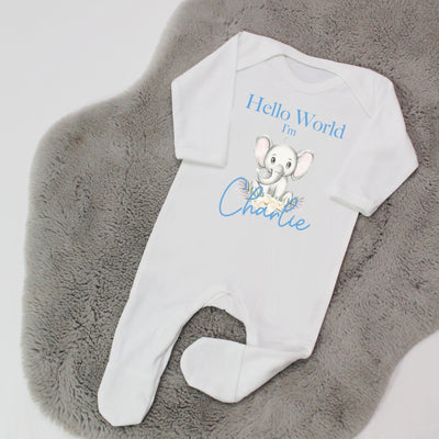 Hello World Personalised Baby Boy Rompersuit - Elephant