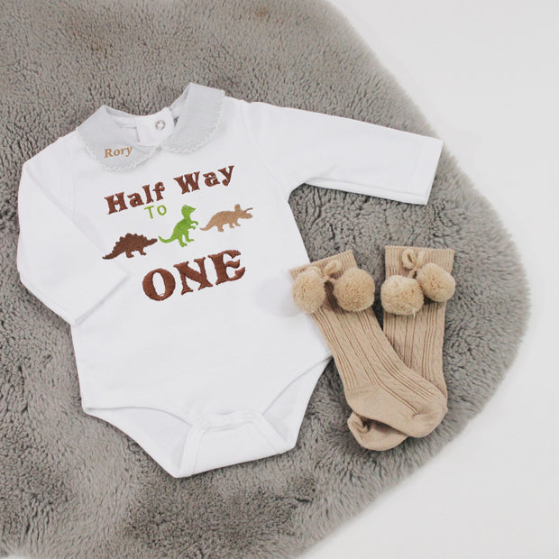 Embroidered Half Way To One Personalised Babyvest - Dinosaurs