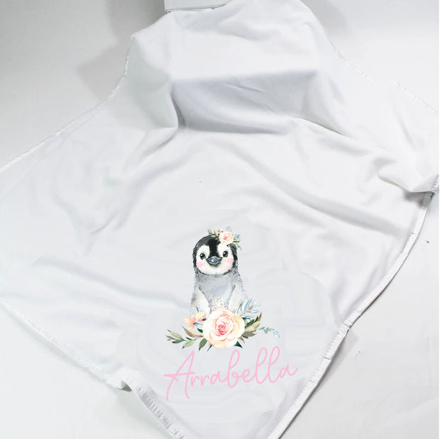 Floral Penguin Animals Minky Soft Printed Personalised Blanket - Various Coloured Blankets