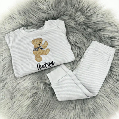 Vintage Teddy Embroidered Personalised Ribbed Loungeset (Various Colour Sets)
