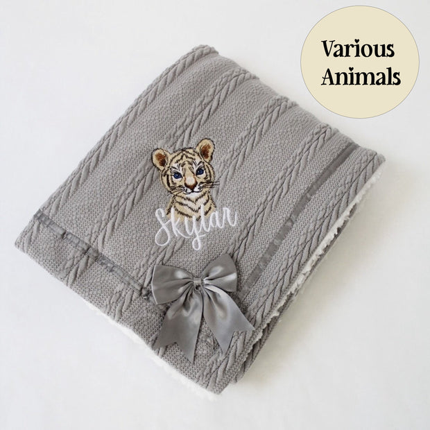 Animal Chevron Knit & Satin Bow Personalised Blanket - Various Animals & Colour Blankets