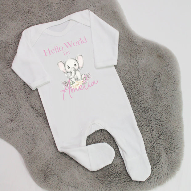 Hello World Personalised Baby Girl Rompersuit - Elephant