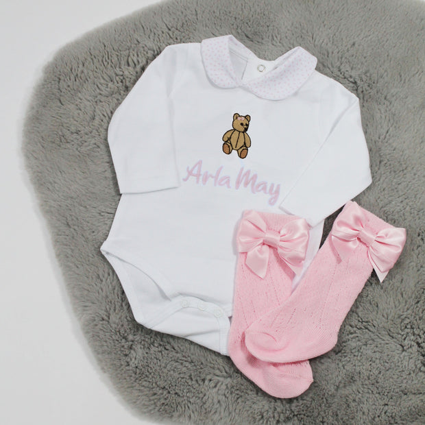 Embroidered Pink Teddy Bear Personalised Babyvest