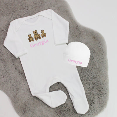 Pink Teddy Bear Personalised Rompersuit & Matching Hat