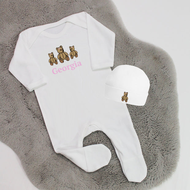 Pink Teddy Bear Personalised Rompersuit & Matching Hat