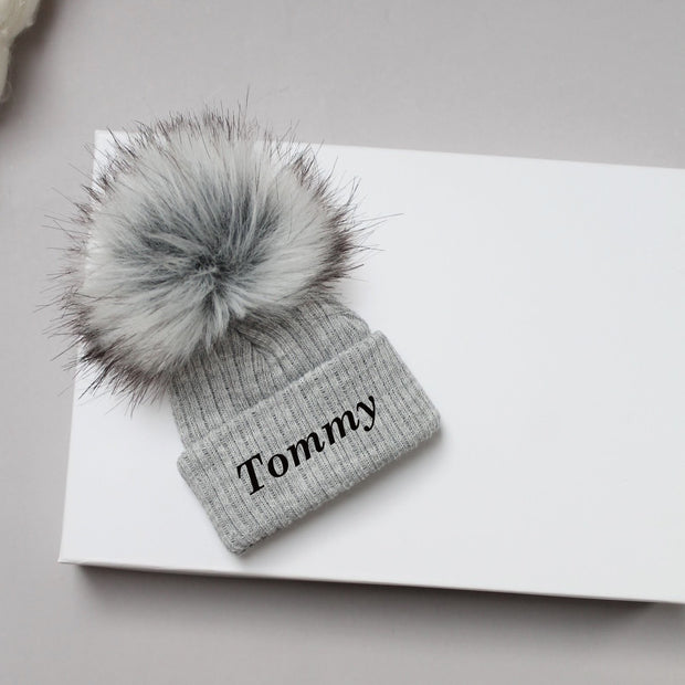 Grey Single Faux Fur Pom Hat (With or Without Personalisation)