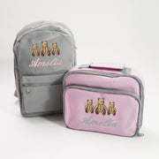 Personalised Grey Backpack & Matching Pink Lunchbox Set - Teddy Bears