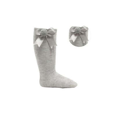 Grey Knee High Bow & Pom Socks