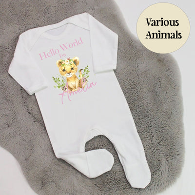 Hello World Personalised Baby Girl Rompersuit - Various Animals