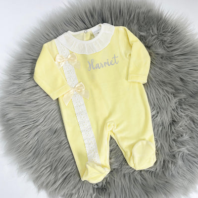 Lemon Frill Collar Bow Detail Velour Sleepsuit (Can be Personalised)