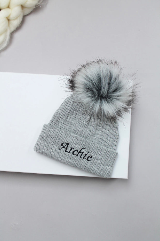 Grey Single Faux Fur Pom Hat (With or Without Personalisation)