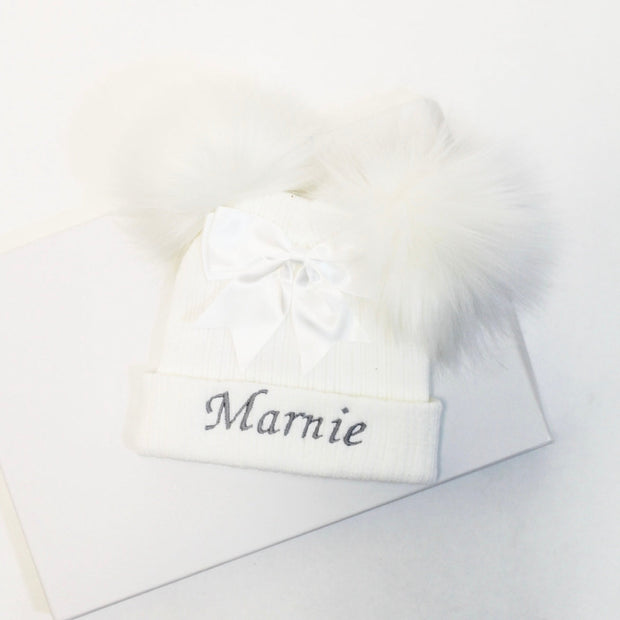 White Bow Double Faux Fur Pom Hat (With or Without Personalisation)