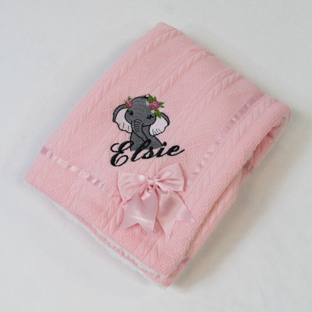 Girly Floral Animal Chevron Knit & Satin Bow Personalised Blanket - Various Animals & Colour Blankets